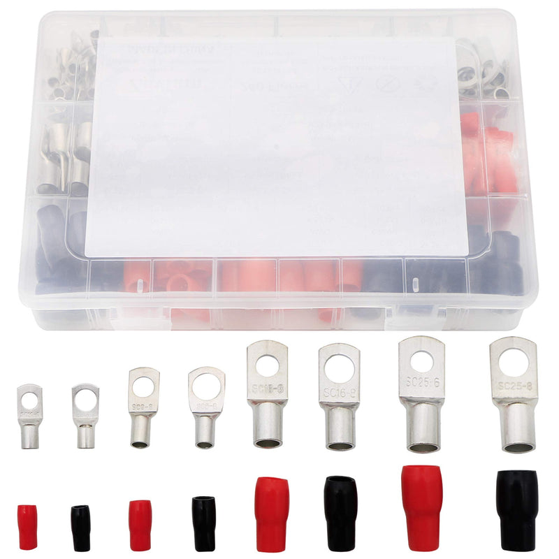 Heavy Duty Wire Lugs Battery Cable Ends 120Pcs Tinned Copper Eyelet Tubular Ring Terminal Connectors Assortment Kit with 120Pcs Insulating Sleeve