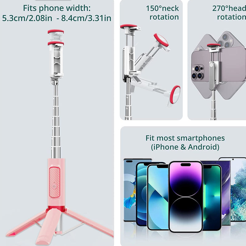 COLORLIZARD CellphoneTripod with Remote, Aluminum Alloy Selfie Stick Tripod, Best Foldable Mini Extendable Tripod Stand 270° Rotation Compatible with iPhone/Android Travel Essentials (Pink) Pink