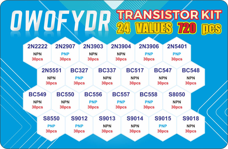 OWOFYDR 24 Values 720 pcs 2N2222 2N2907 2N3903-2N3906 2N5401 2N5551 BC327 BC337 BC517 BC547-BC550 BC556-BC558 S8050 S8550 S9012-S9015 S9018 Power Supply General Transistor NPN PNP Assortment kit 720 piece