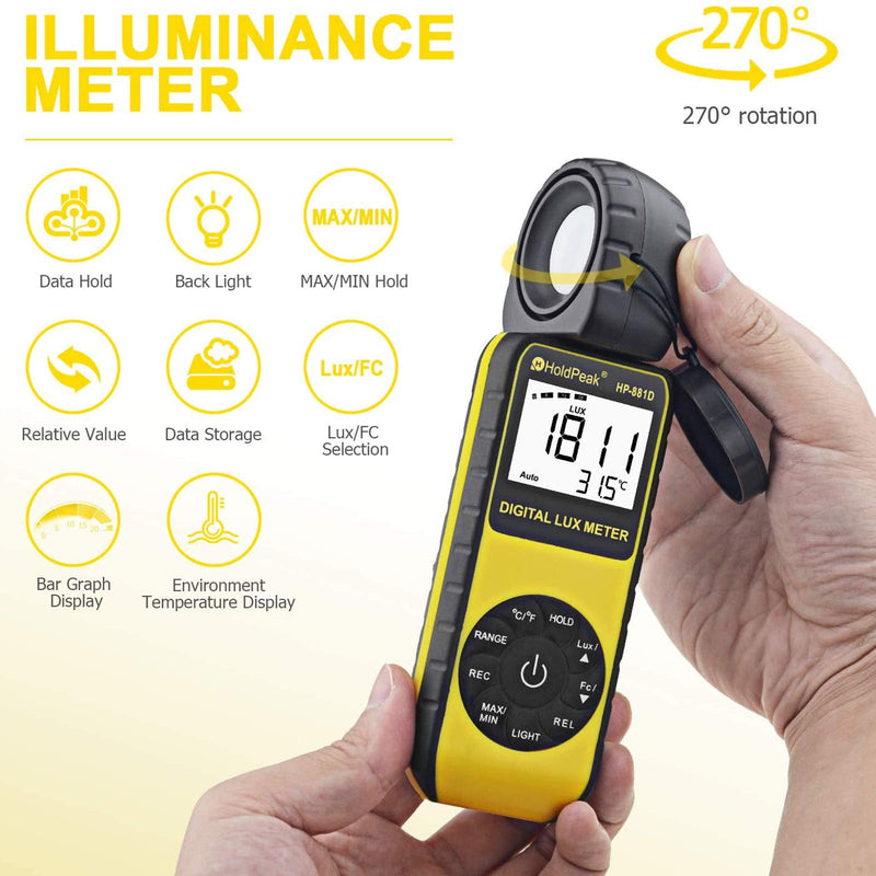 [AUSTRALIA] - Light Meter HOLDPEAK HP-881D Digital Lux Meter 0.01-400,000 Lux /1-40,000 FC Measuring Ranges and 270° Rotatable Detector for LED Lights and Plants Lumen Meter Y-HP-881D(0.01-400,000 Lux /1-40,000 FC) 