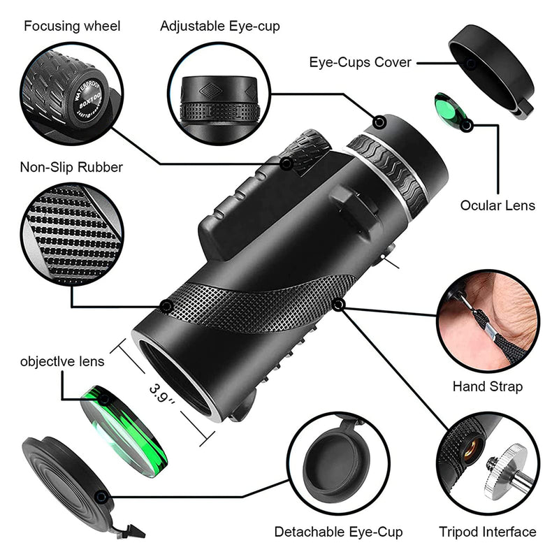 80x100 Monocular Telescopes for Smartphone,Adapter Monocular Telescope for Adults,Hunting Wildlife Bird Watching Travel Camping Hiking with Smartphone Holder and Tripod（Black） Black