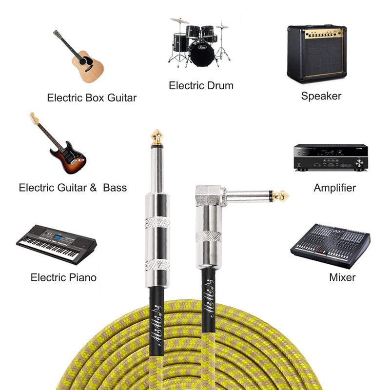 [AUSTRALIA] - MIMIDI 20 ft Guitar Cable, 6.3mm 1/4 Inch Right Angle to Straight, Electric Instrument Bass Cable AMP Cord with Tweed Cloth Jacket (Yellow) Yellow 