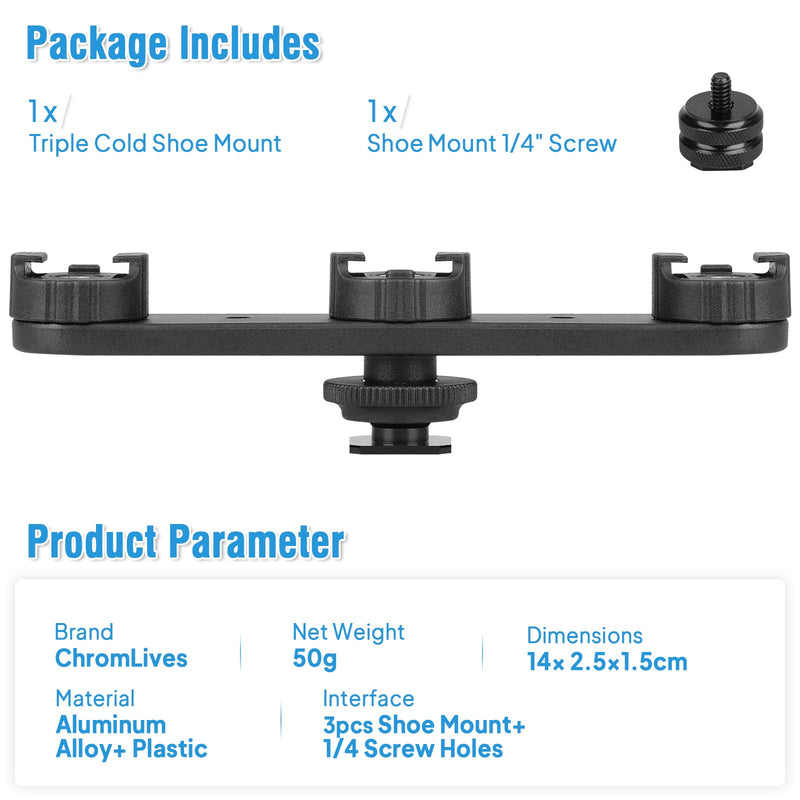 [AUSTRALIA] - ChromLives Cold Shoe Mount Triple Shoe Mount Extension Bar Hot Shoe Adapter Camera Bracket with 1/4 Screw for Tripod/Microphone/LED Light Compatible with Canon Sony Camera Triple Cold Shoe 