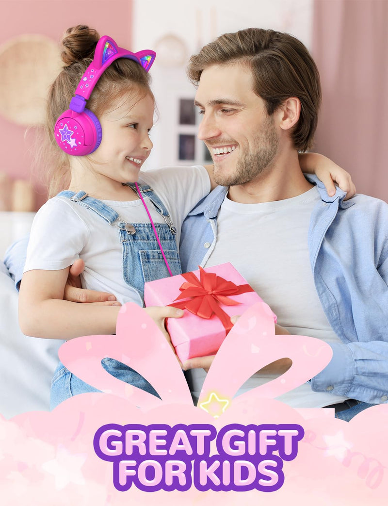 [AUSTRALIA] - iClever Kids Headphones Cat Ear, LED Light Up, 85dBA Safe Volume, Stereo Sound Toddler Headphones for Travel School, Foldable 3.5mm Wired Kids Headphones for iPad Tablets, Meow Lollipop-Hot Pink Hot Pink 