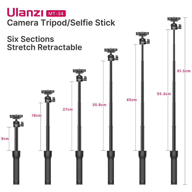 Ulanzi MT-34 Extendable Pole Tripod Mini Tabletop Tripod Selfie Stick with 2 in 1 Phone Clamp, Travel Tripod for Phone 12 Canon G7X Mark III Sony ZV-1 RX100 VII A6600 Vloging Filmmaking Live Streaming