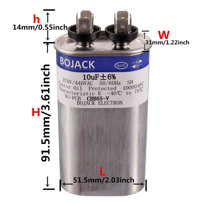 BOJACK 10 uF ±6% 10 MFD 370V/440V CBB65 Oval Run Start Capacitor for AC Motor Run or Fan Start and Cool or Heat Pump Air Conditione