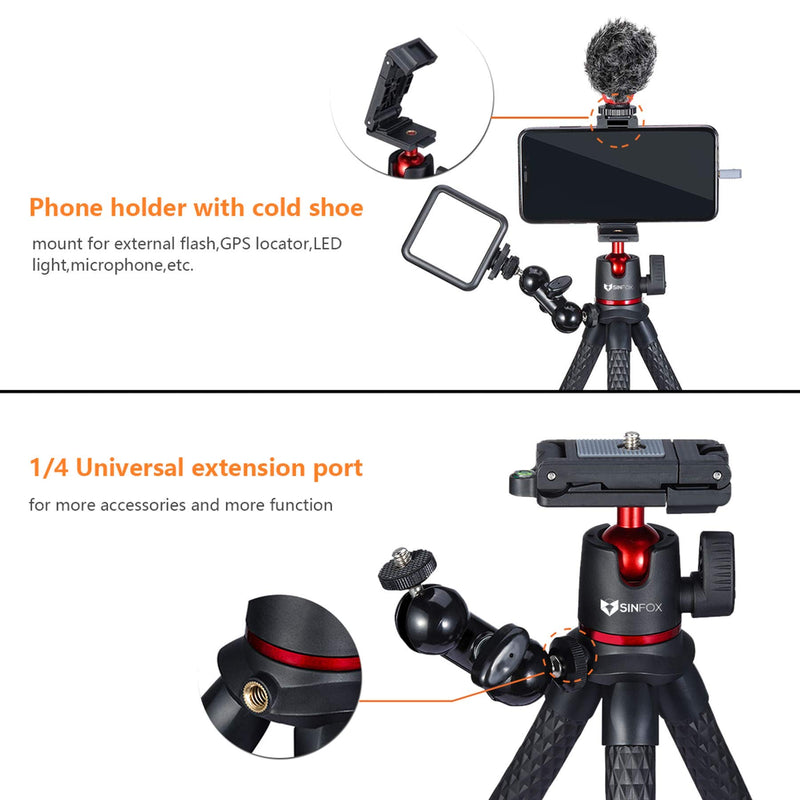 Phone Tripod,Flexible Camera Tripod,Sinfox Vlogging Bendable Travel Octopus Tripod Stand with Phone Holder w Remote Shutter and Cold Shoe,Suitable for iPhone,DSLR,GoPro,Android,DJI OSMO Action