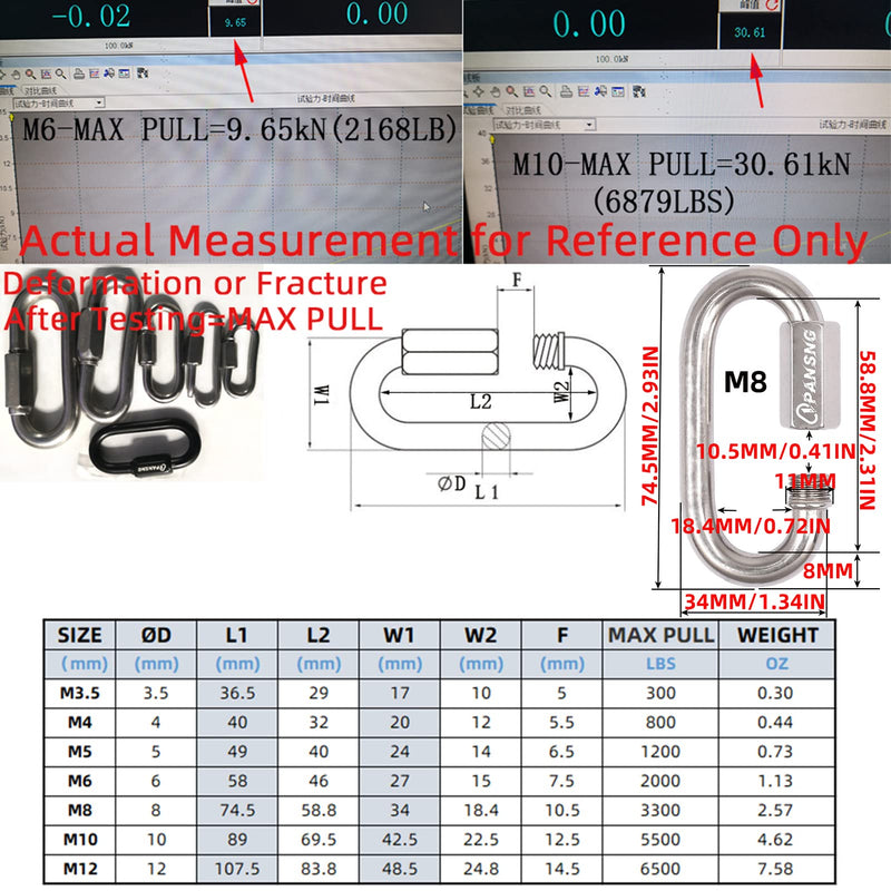 PANSNG 15kN 5/16 in Threaded Quick Link Chain Connector Heavy Duty Stainless Steel Chain Repair Link Safety Oval Locking Carabiner Large M8(8mm) for Swing/Hammock/Gym M8-4PCS Silver