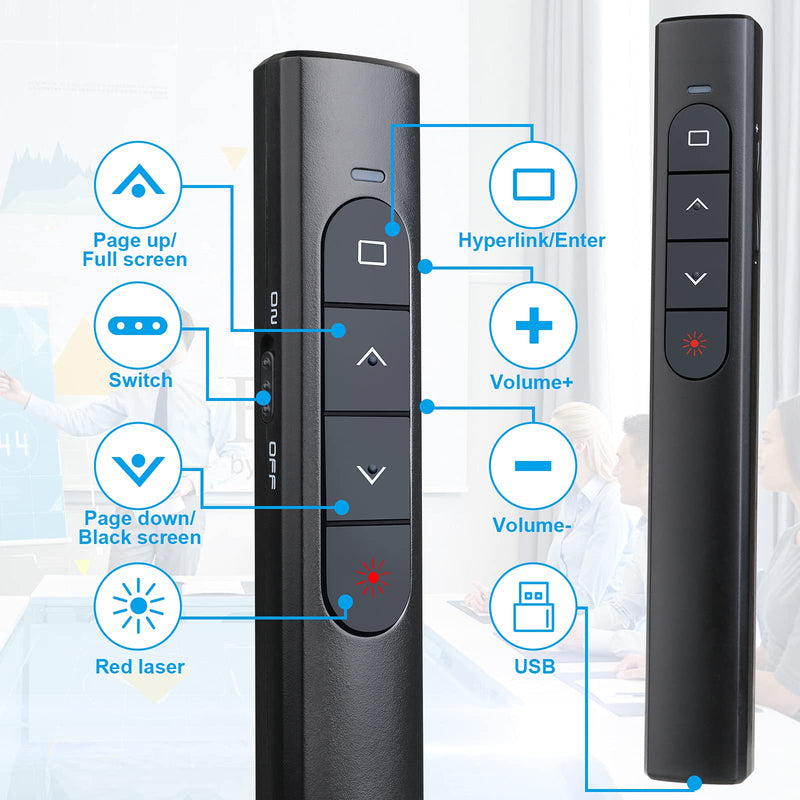 Wireless Presenter Remote, Presentation Clicker with Hyperlink & Volume Remote Control PowerPoint Office Presentation Clicker for Keynote/PPT/Mac/PC/Laptop(Battery Included) USB-Black