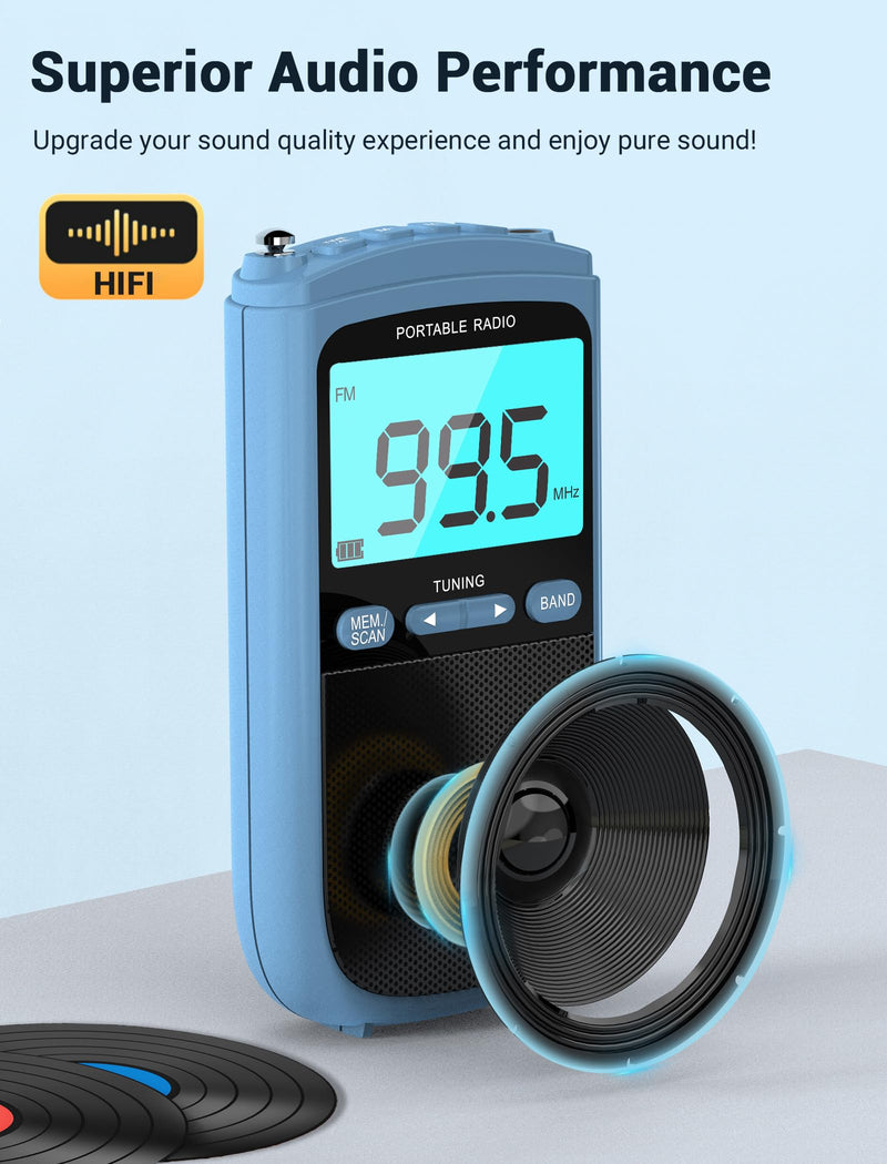Portable Radio AM/FM with Speaker,Mini Transistor Pocket Radio with LCD Display, Digital Radio Stereo Earphone,Walkman Radio with 900mAh Rechargeable Battery,Best Reception Radio for Walking(Blue)