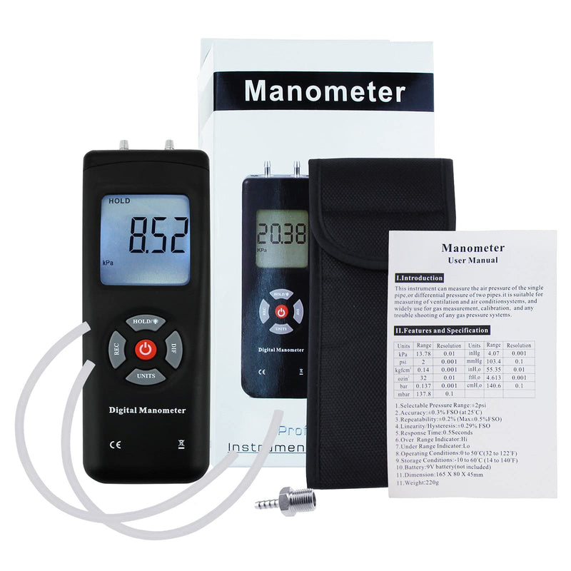 Digital Manometer Dual-Port HVAC Gas Air Pressure Meter Gauge Differential Pressure Manometer Large LCD with Backlight