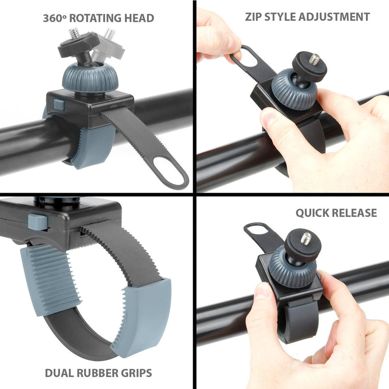 USA GEAR Action Camera Handlebar Mount Zip-Tie with Tripod Screw, Adapter & Rotating Head - Fits bar up to 2" Diameter - Compatible With GoPro Hero 10 Black, DJI Osmo, Insta360 ONE R, Akaso 7 and More