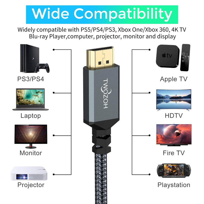 Twozoh 4K HDMI Cable 15FT, High-Speed 60HZ 18Gbps Braided HDMI to HDMI Cord Compatible with PS5, PS4, PC, Monitor, Projector, 4K UHD TV/HDTV, Xbox