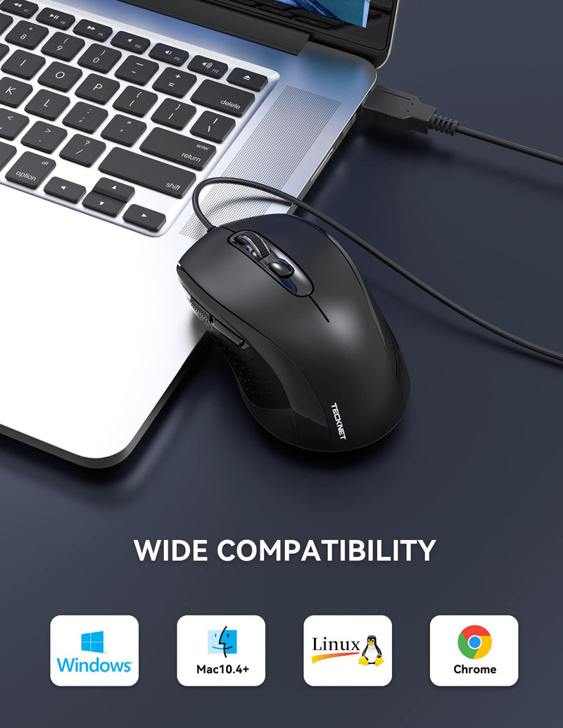 TECKNET Wired Mouse, USB Wired Computer Mouse, 3600DPI 4 Adjustable Levels, 6-Button Ergonomic Mice, Home and Office Mouse for Laptop PC Desktop Notebook - Black