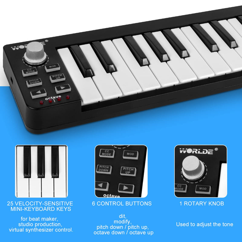 MIDI Controller, Lotkey 25 Key MIDI Keyboard, Worlde Easykey.25 Portable Keyboard Mini 25-Key USB MIDI Controller