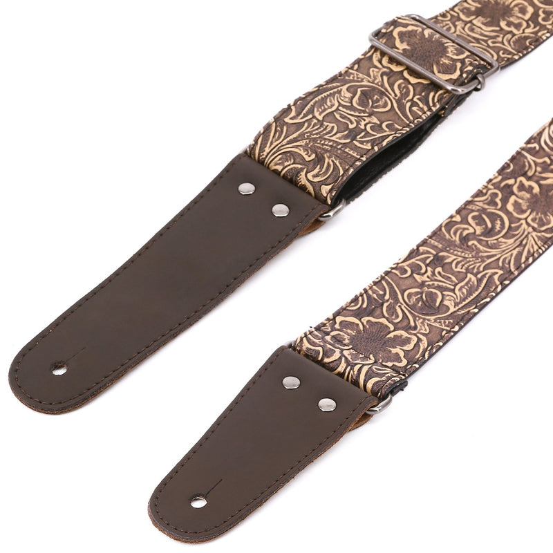 Guitar Strap, Stamped Leather Guitar Strap PU Leather Western Vintage 60's Retro Guitar Strap with Genuine Leather Ends for Electric Bass Guitar, with Tie,Include 2 Picks,Bronze Bronze