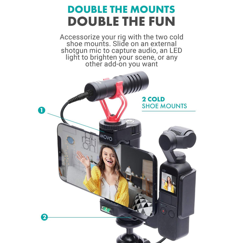 Movo Video Rig Compatible with The DJI OSMO Pocket 1, 2 - Includes Universal Smartphone Mount, Grip Handle, and 2 Cold Shoes for Mounting Microphone, Light - OSMO Pocket Microphone and Video Rig