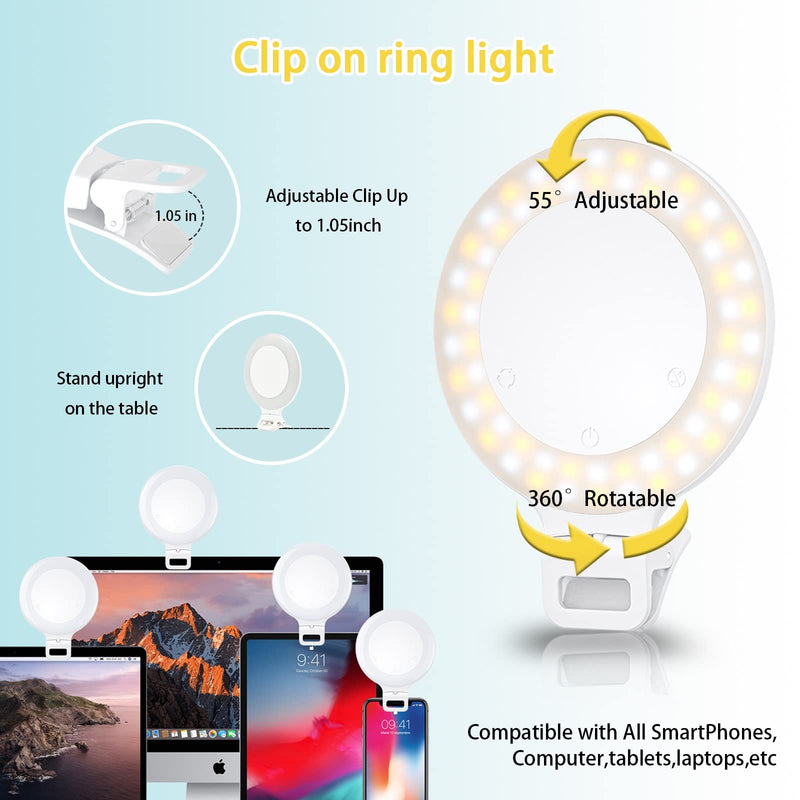 Selfie Ring Light, Clip on Ring Light Touch Control, Rechargeable 800mAh 60 LED Circle Light with 3 Light Modes for iPhone/Android Smart Phone Laptop Photography, Camera Video Recording, Vlog, TikTok 800mAh 60LED