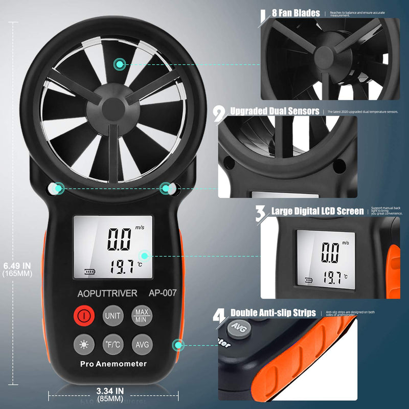 Anemometer Handheld, Portable Anemometer，Velometer, Anemometer for HVAC with Wind Speed, Temperature（℃/℉）and Backlit Air Flow Meter for Shooting, Surfing, HVAC Duct-AP-007