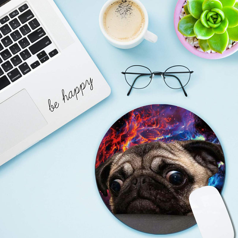 Round Mouse Pad with Galaxy Dog Gaming Mouse Pads for Laptop Computers Non-Slip Rubber Base Mousepad for Office Home, Cute Mouse Mats and Be Happy Stickers Round Mouse Pad