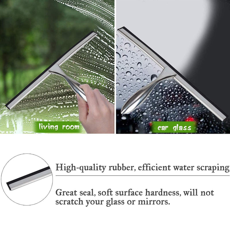 K Kwokker 12 Inch Squeegee for Shower, Shower Squeegee with Suction Cup Hooks, for Glass Door Marble Mirror Bathroom, Chrome Plated Stainless Steel Deluxe Car Window Home Kitchen Tile Scraper