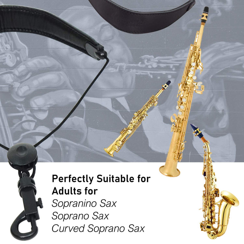 Libretto Junior/Small Neck Padded Sax Strap, Pure Black, Soft Genuine Leather, Adjustable, Less Stressed, Swivel Snap, Comfy, Exquisitely Designed for Soprano Sax & More! Great Gift for Saxophonists! Black & Short Padded