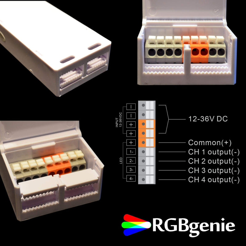 Zigbee LED Controller for LED Strip Lights. Dimmer and Repeater, 4 Channels at 5 Amps each, 720 Watts, RGBgenie ZB-1003