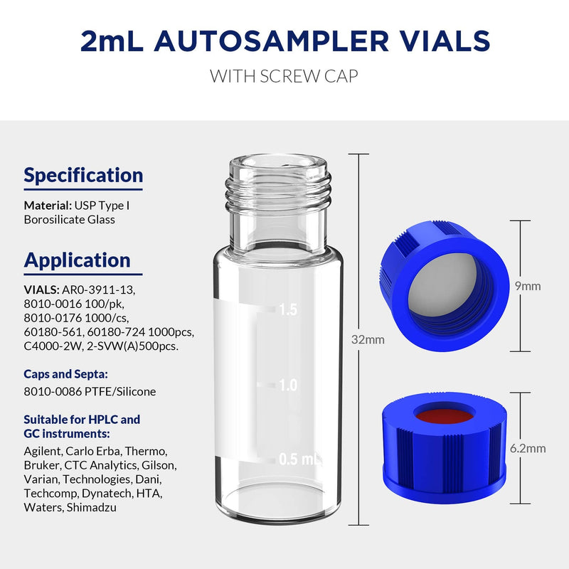 [AUSTRALIA] - 2mL Autosampler Vials with Writing Area and Graduations, 9-425 HPLC, Screw Cap, White PTFE & Red Silicone Septa, 100 Pcs Clear White Red Septa 