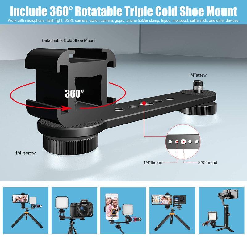 Triple Cold Shoe Extension Bar Bracket with 1/4 3/8 Adapter, Gimbal Video Light Microphone Mount with Phone Tripod, Compatible for DJI OSMO Mobile 3 4, Zhiyun Smooth 4 Q, Feiyu Stabilizer Accessories