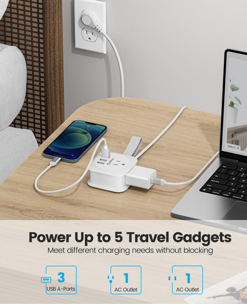 ORICO Travel Power Strip with USB Ports, Extension Cord Flat Plug 3 USB Ports 2 Outlets 3.7 Ft Wrapped Around, Compact and Portable Travel Essentials Cruise Ship Accessories Must Haves, White 3 USB-A | 2 Outlets | White