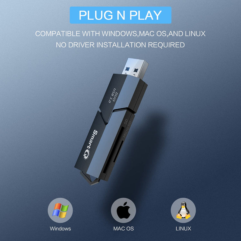 SmartQ C307 DUO SD Card Reader Portable USB 3.0 Flash Memory Card Adapter Hub for SD, Micro SD, SDXC, SDHC, MMC, Micro SDXC, Micro SDHC, UHS-I for Mac, Windows, Linux, Chrome, PC, Laptop, Switch (Duo)