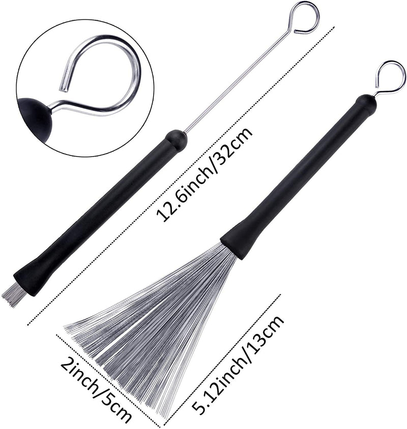 Tzong 1 Pair Drum Wire + 2 pairs of 5A Maple Drum Sticks Brushes Retractable Black Rubber Handles Loop End Metal Wire Drum Brushes Sticks with Beam Mouth Plush Bag Drum Wire + 5A Maple Drum Sticks