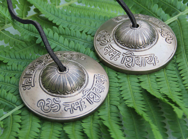 DharmaObjects Tibetan Premium Quality"Om Nama Shivaya" Tingsha Cymbals With Pouch (Large)