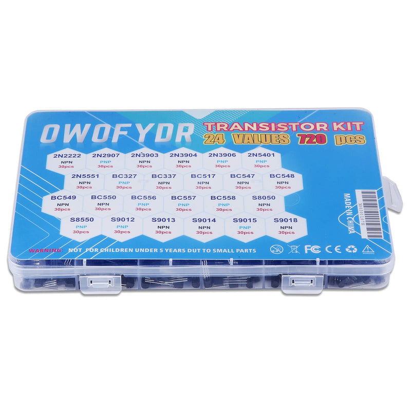 OWOFYDR 24 Values 720 pcs 2N2222 2N2907 2N3903-2N3906 2N5401 2N5551 BC327 BC337 BC517 BC547-BC550 BC556-BC558 S8050 S8550 S9012-S9015 S9018 Power Supply General Transistor NPN PNP Assortment kit 720 piece