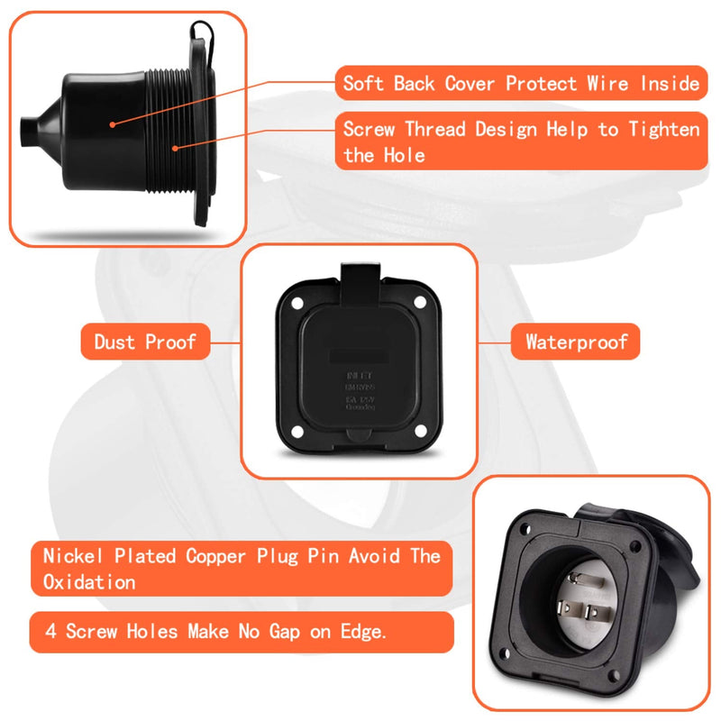 [AUSTRALIA] - WELLUCK 15 Amp 125V AC Power Inlet Port Plug with Integrated Dual 18" Extension Cord, NEMA 5-15 RV Flanged Inlet with Waterproof & Back Cover Y Splitter Cable, 2 Pole 3-Wire Shore Power Plug for Boat 15 Amp Flanged Inlet with Dual Cord 