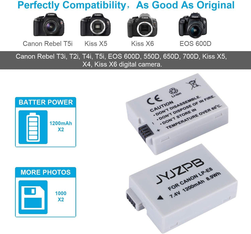 JYJZPB 2-Pack LP-E8 Battery and Dual Charger for Canon EOS Rebel T2i T3i T4i T5i EOS 600D, 550D, 650D, 700D, Kiss X5, X4, Kiss X6, LC-E8E Digital SLR Cameras