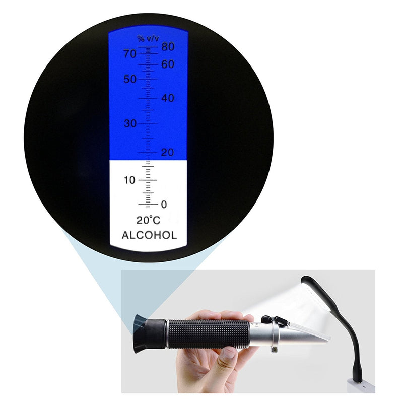 Optics Alcohol Refractometer 0-80% Volume Percent ATC for Alcohol Liquor Production Spirit Alcohol Measurement Ethanol with Water Distilled Beverages Winemakers with Extra LED Light & pipettes