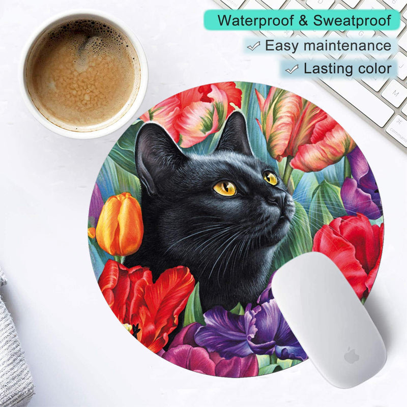 SuoLong[20% Larger] Black Cat Floral Watercolor Round Mouse Pad Cute Cat Lover Gift Desk Accessories Decor for Women Computer Mousepad School Supplies 8.7 x 8.7 Inches Cat in the flowers-M