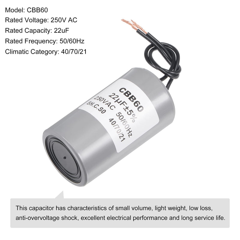 MECCANIXITY CBB60 Run Capacitor 22uF 250V AC 2 Wires 50/60Hz Cylinder 73x42mm for Air Compressor Water Pump Motor