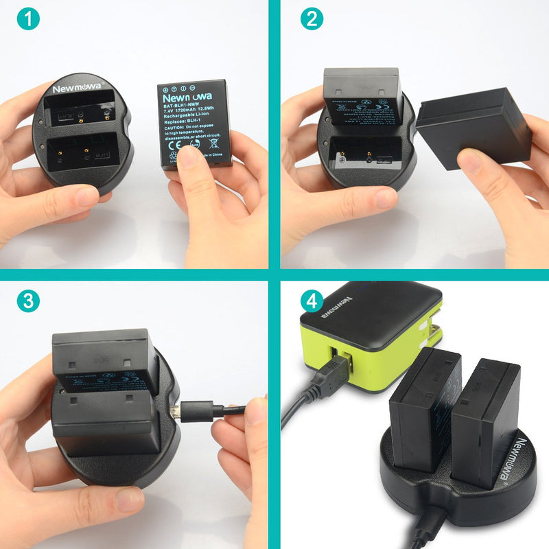 Newmowa BLH-1 Replacement Battery (2 Pack) and Dual USB Charger for Olympus BLH-1 and Olympus OM-D EM1 Mark II, OM-D E-M1X Camera(Half-Decoded)