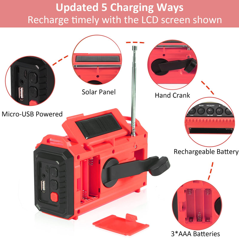 Emergency Radio, 5000 NOAA Weather Radio Solar Hand Crank Powered, AM/FM/Shortware Portable Auto Alert Raido with Phone Charger, Flashlight, Reading Lamp,SOS&Headphone Jack for Outdoor Survival Kit Red