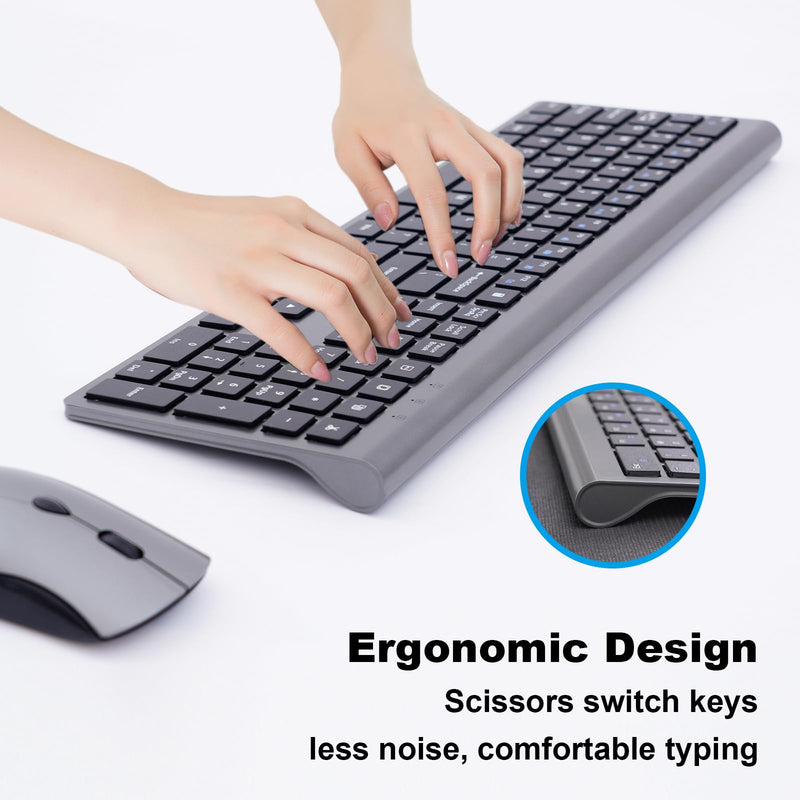 Wireless Keyboard and Mouse, Ultra-Thin Full-Size Keyboard Mouse Combo with USB Receiver, Quiet Click, 2400 DPI, Cordless Scissor Switch Keyboard Set for Laptop PC Computer Windows Mac - Black Gray KM426-Gray