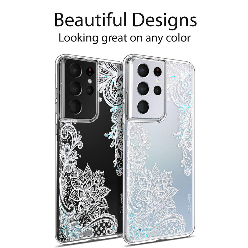 Coolwee Clear Glitter for Galaxy S21 Ultra Case Thin Flower Slim Cute Crystal Lace Bling Women Girl Floral Plastic Hard Back Soft TPU Bumper Protective Cover for Samsung Galaxy S21 Ultra Mandala Henna