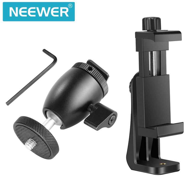 Neewer Cellphone Holder Clip Desktop Tripod Mount with Mini Ball Head Hot Shoe Adapter for 14-inch and 18-inch Ring Light and Smartphone Within 1.9-3.9 inches Width