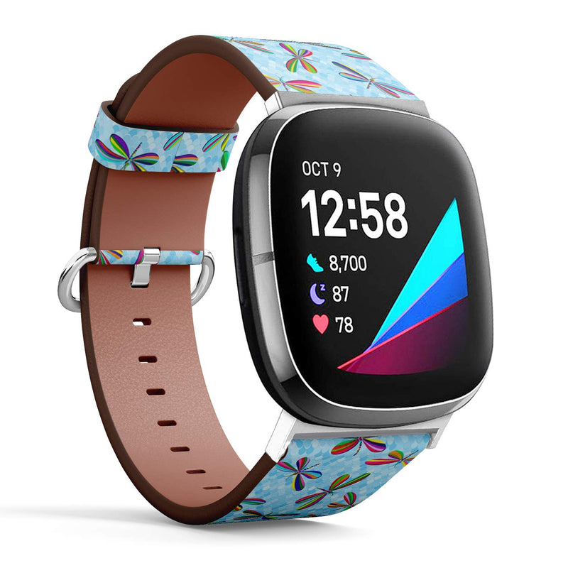 SMODDIX Replacement Band Compatible with Fitbit Sense/Fitbit Versa 3, Leather Strap Wristband Bracelet (Multicolored Striped Dragonflies)