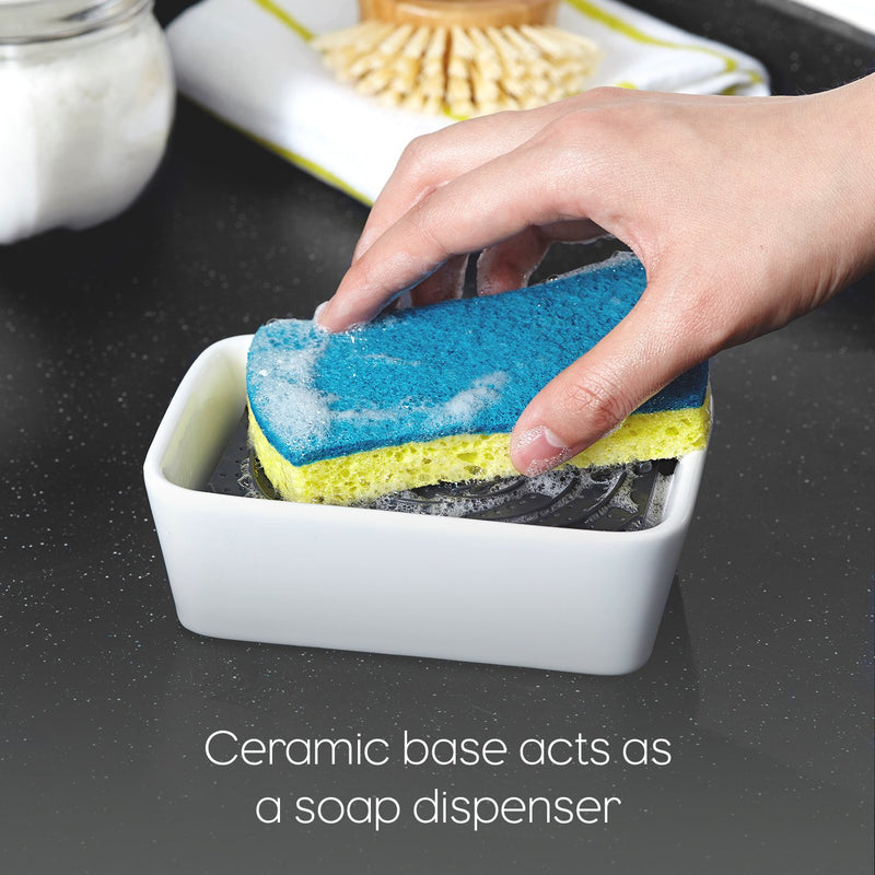 Full Circle Bubble Up Ceramic Soap Dispenser & Scrubber Sponge Set, White Blue Sponge