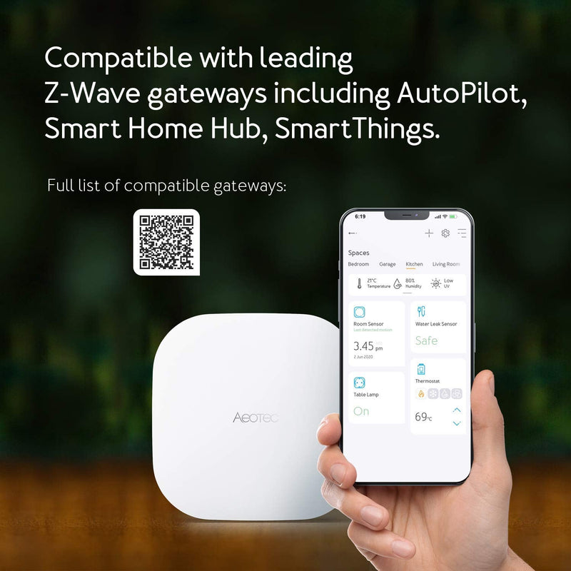 Zwave Water Sensor: Aeotec Water Sensor 7 Pro, with Flood, Temperature, Humidity Sensor, SmartThings Sensor Compatible, Z-Wave Plus, S2, SmartStart, ZWave hub Required
