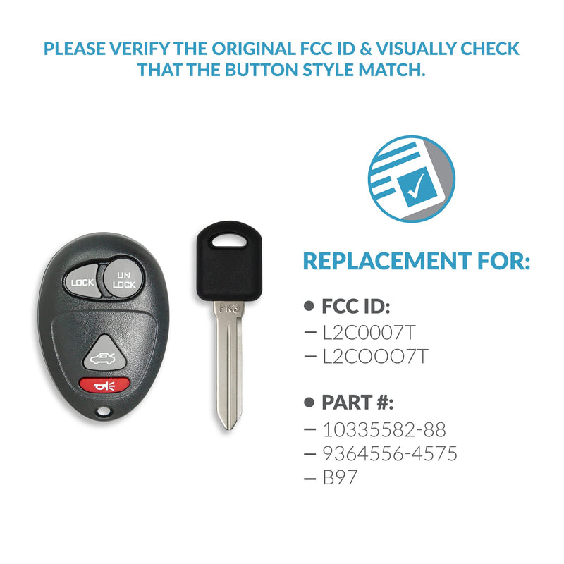 Keyless2Go Replacement for Keyless Entry Car Key Fob Vehicles That Use 4 Button L2C0007T 10335582-88 Remote, Self-Programming with New Uncut PK3 Transponder Ignition Car Key B97 1 pack