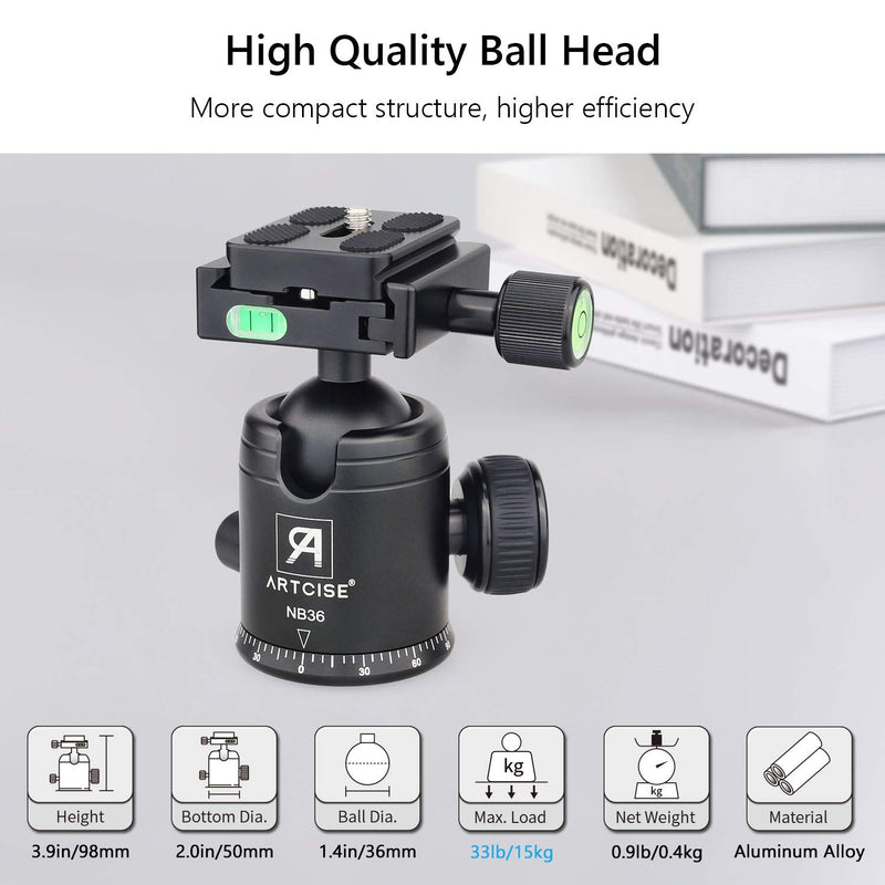 Ball Head Camera Tripod Ball Head Mount 36MM Ball Diameter ARTCISE NB36 Metal CNC 360 Degree Rotating Panoramic 1/4" Screw 3/8" Hole with Two 1/4" Quick Release Plates, Max Load 33lbs/15kg