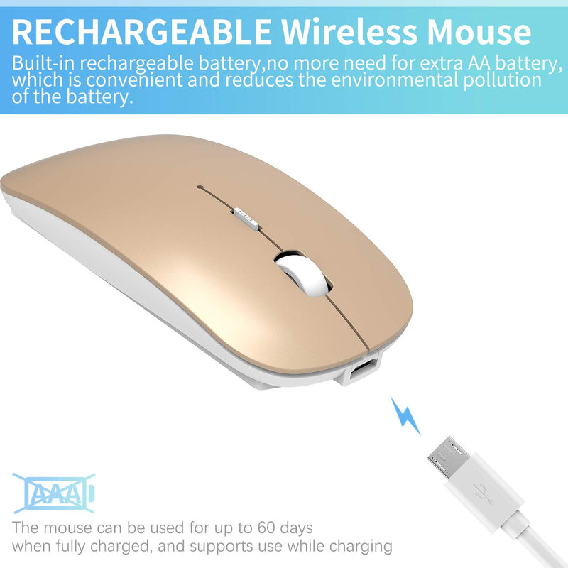 Wireless Mouse,Slim Wireless Portable Mobile Mouse,2.4G Noiseless Mouse with USB Nano Receiver,Rechargeable Wireless Mouse for MacBook,Laptop,PC,Computer,Notebook (Gold) Gold